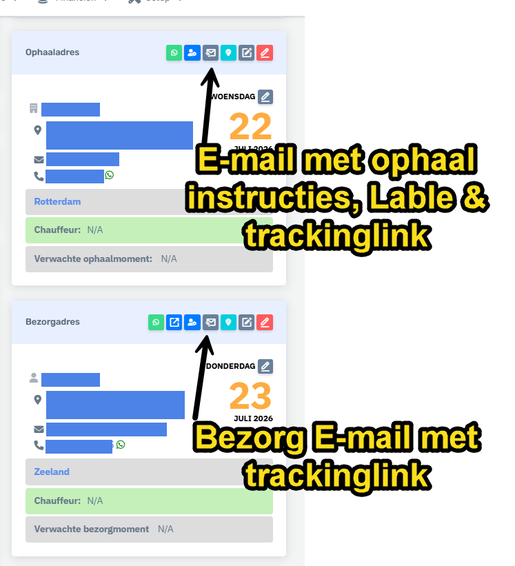Orderdetails met e-mailknoppen voor ophaal- en bezorgadres