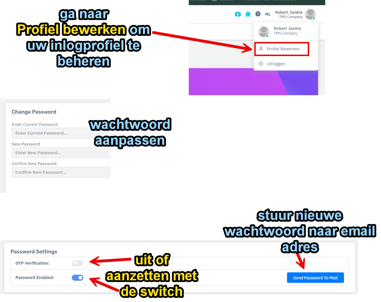 Scherm met profiel bewerken, wachtwoord wijzigen en wachtwoordinstellingen
